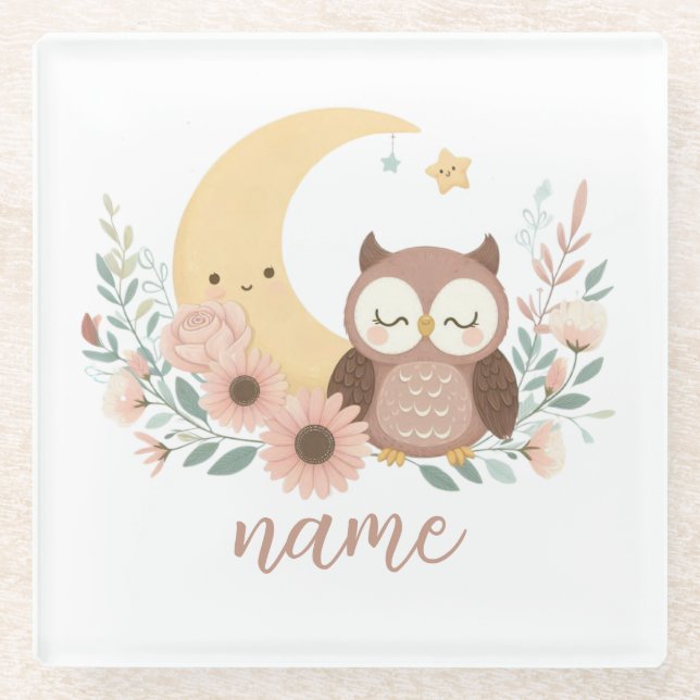 Posavasos De Vidrio Búho bebé lindo con luna (Anverso)