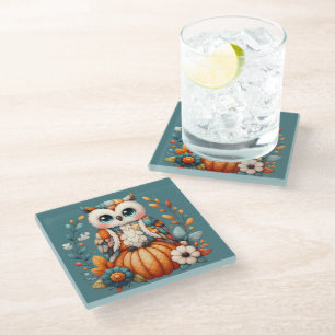 Posavasos De Vidrio Búho de patchwork sobre calabaza — Otoño Cottageco
