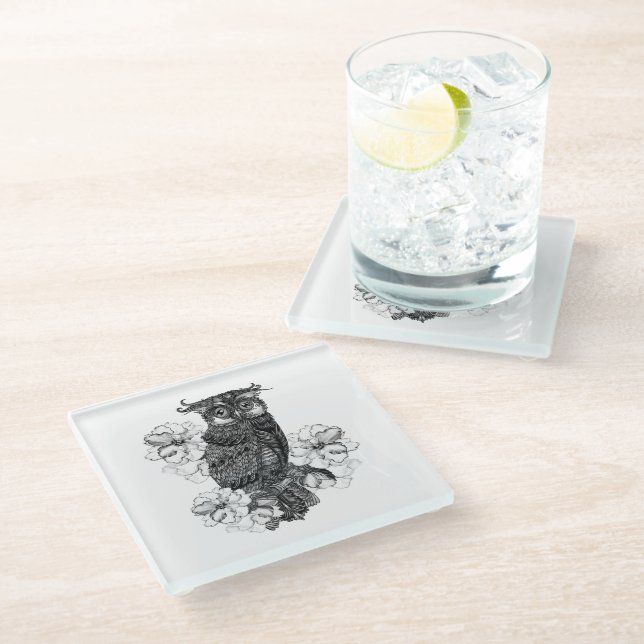 Posavasos De Vidrio Búho Gris Orquídeas Blancas (Angular)