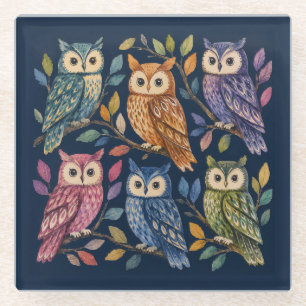 Posavasos De Vidrio Búhos Artísticos Pájaros Coloridos Naturaleza Bosq