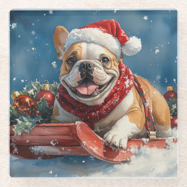 Posavasos De Vidrio Bulldog en Sledge Let it Snow Navidades (Anverso)