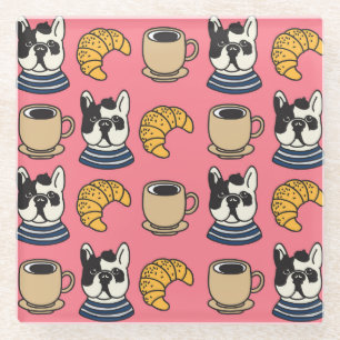 Posavasos De Vidrio Bulldog francés, café y croissant.
