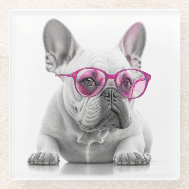 Posavasos De Vidrio Bulldog francés con gafas rosadas de vidrio de mon (Anverso)