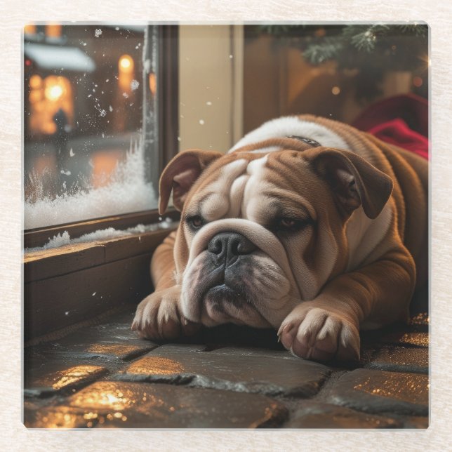Posavasos De Vidrio Bulldog with Christmas Lights Holiday (Anverso)