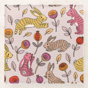 Posavasos De Vidrio Bunnies Coloridos: Cuta Vintage Floral.