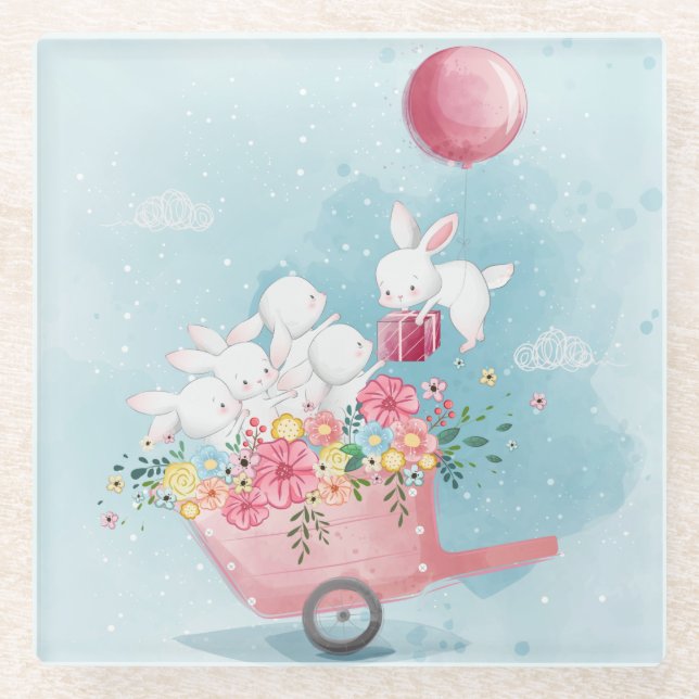 Posavasos De Vidrio Bunnies de acuarela (Anverso)