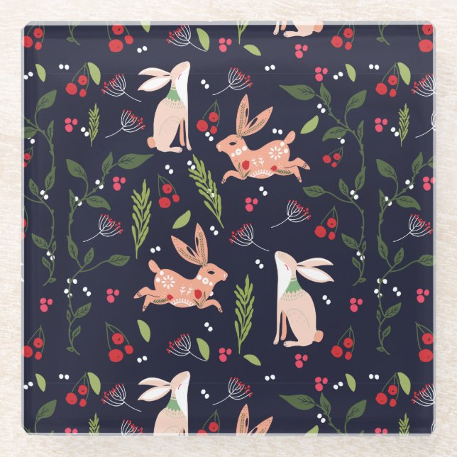 Posavasos De Vidrio Bunnies de arte folclórico escandinavo (Anverso)