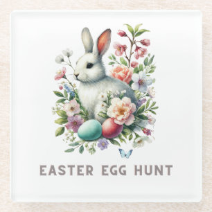 Posavasos De Vidrio Bunny and Flowers de cuatricromía de Pascua