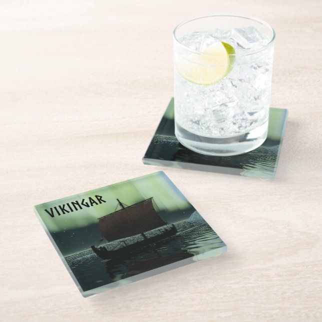 Posavasos De Vidrio Buque Viking Y Luces Del Norte (Angular)