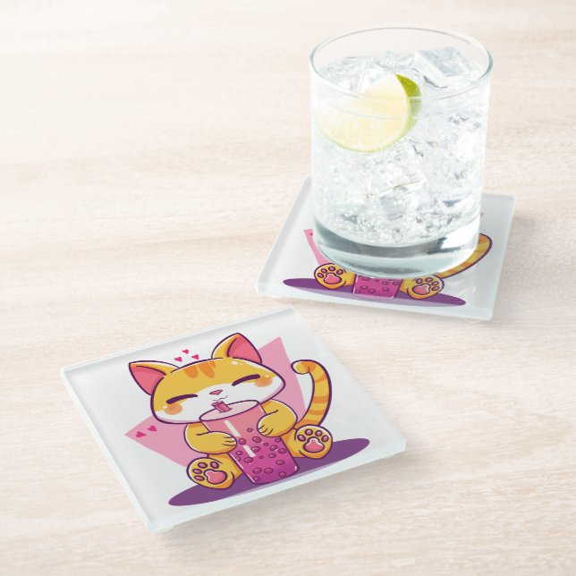 Posavasos De Vidrio Burbuja de Té Gatito (Angular)