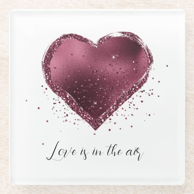 Posavasos De Vidrio Burgundy Cherry Glitter Sparkle Heart Love  (Anverso)