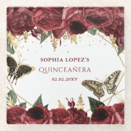 Posavasos De Vidrio Burgundy Oro Flores Mariposas Quinceanera  