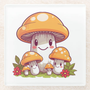 Posavasos De Vidrio Búsqueda de champiñones, estilo kawaii feliz