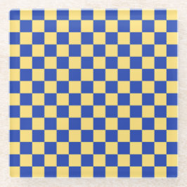 Posavasos De Vidrio Butter yellow and blue checkered board pattern