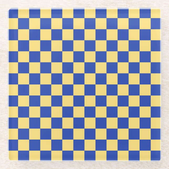 Posavasos De Vidrio Butter yellow and blue checkered board pattern (Anverso)