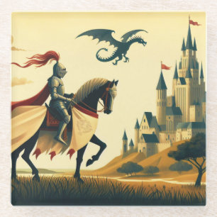 Posavasos De Vidrio Caballero medieval/wyvern/castillo fantasía