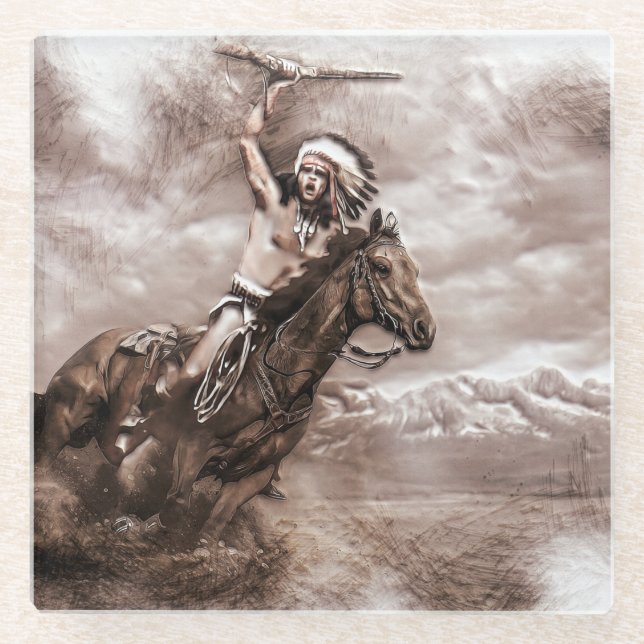 Posavasos De Vidrio Caballo de equitación indio americano (Anverso)