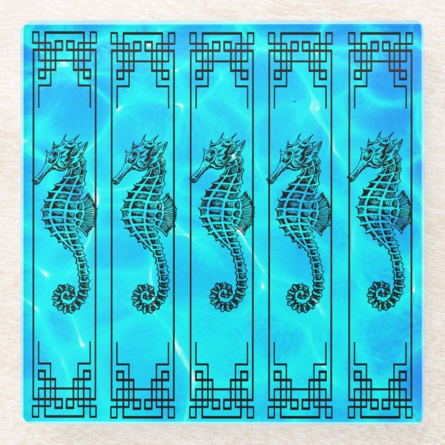 Posavasos De Vidrio Caballo de mar negro y blanco - Efecto del agua (Anverso)