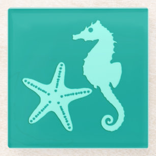 Posavasos De Vidrio Caballo de mar y pez estrella - turquesa y aqua