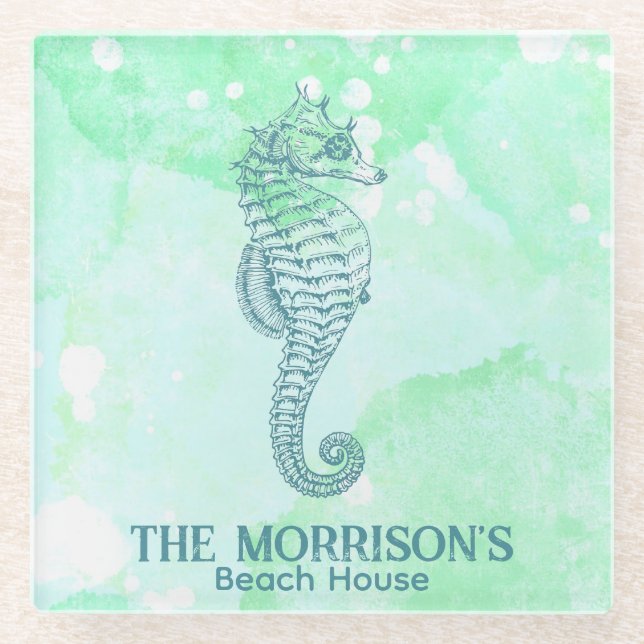 Posavasos De Vidrio Caballo marino acuático nautico personalizado (Anverso)