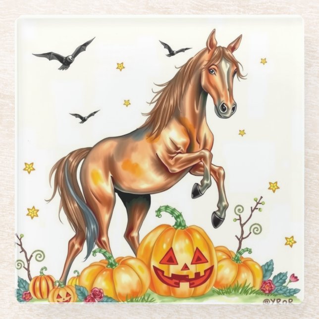 Posavasos De Vidrio Caballo marrón de Halloween  (Anverso)