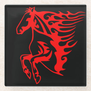 Posavasos De Vidrio Caballo salvaje del Bronco Rojo Flamante Mustang