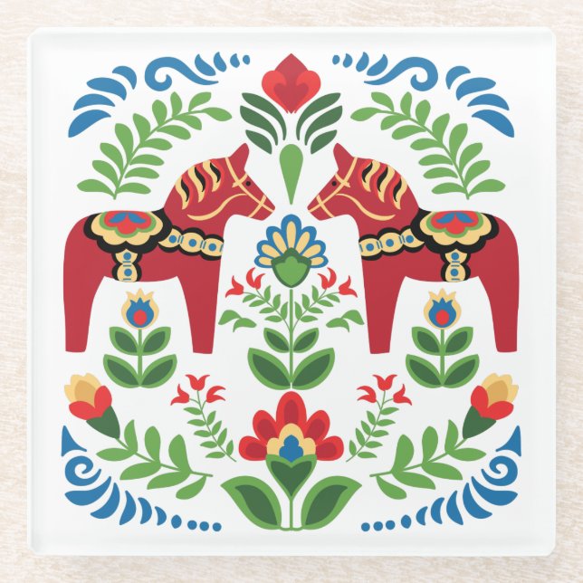 Posavasos De Vidrio Caballos de dala suecos rojos (Anverso)