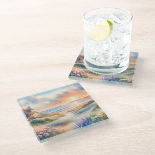 Posavasos De Vidrio Cabaña Costera Atardecer Dunas Acuarela