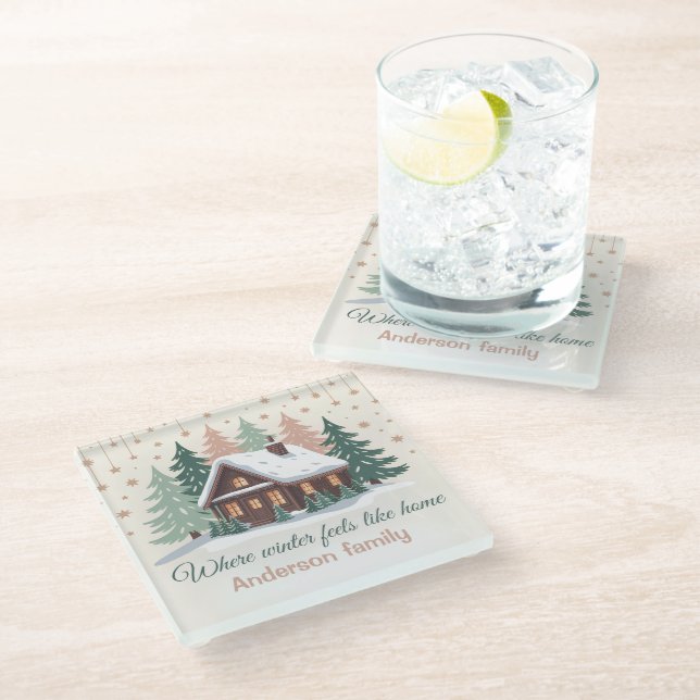 Posavasos De Vidrio Cabaña de invierno de Navidad personalizada (Angular)