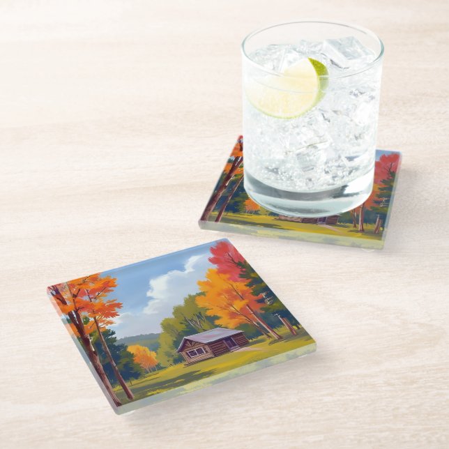 Posavasos De Vidrio Cabaña junto al lago de otoño (Angular)