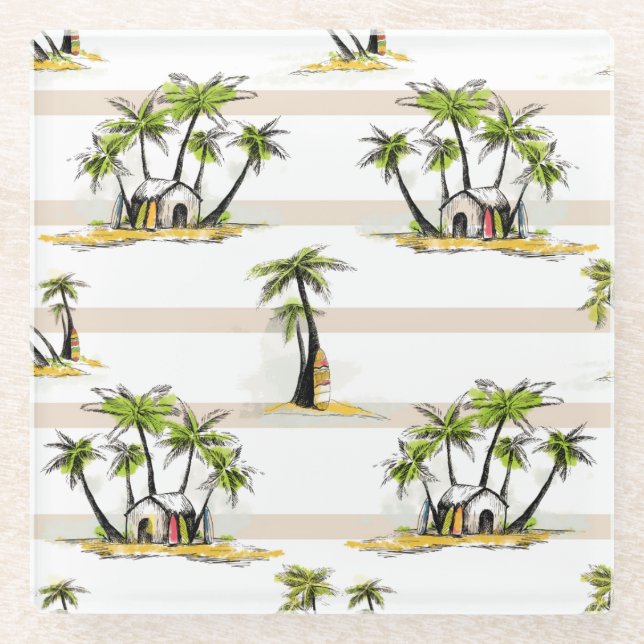 Posavasos De Vidrio Cabaña y palmas tropicales (Anverso)