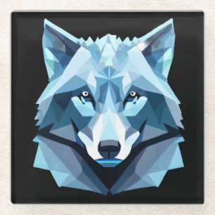 Posavasos De Vidrio Cabeza de lobo geométrica azul