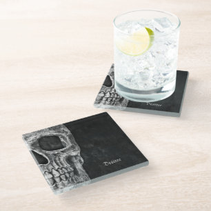 Posavasos De Vidrio Cabeza De Medio Calavero De Guay Gótica Negro Y Bl