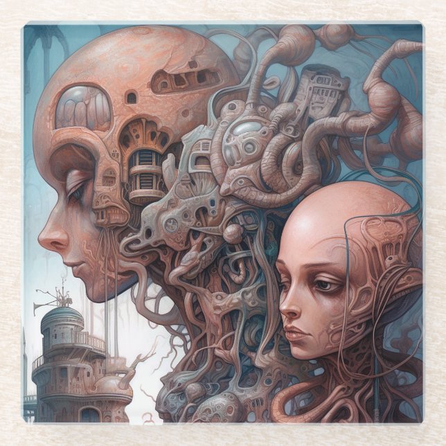 Posavasos De Vidrio Cabezas Biomecánicas Arte de Ciencia Ficción Surre (Anverso)