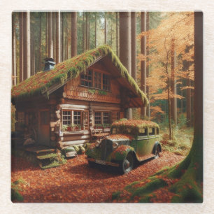 Posavasos De Vidrio Cabina en los bosques con un antiguo automóvil