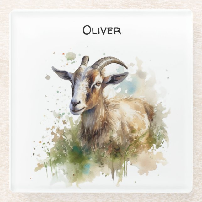 Posavasos De Vidrio Cabra de granja acuarela, personalizado (Anverso)