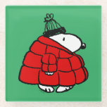 Posavasos De Vidrio Cacahuetes | Chaqueta Snoopy Red Puffer<br><div class="desc">Echa un vistazo a este divertido diseño de maní con Snoopy en su chaqueta roja de invierno.</div>