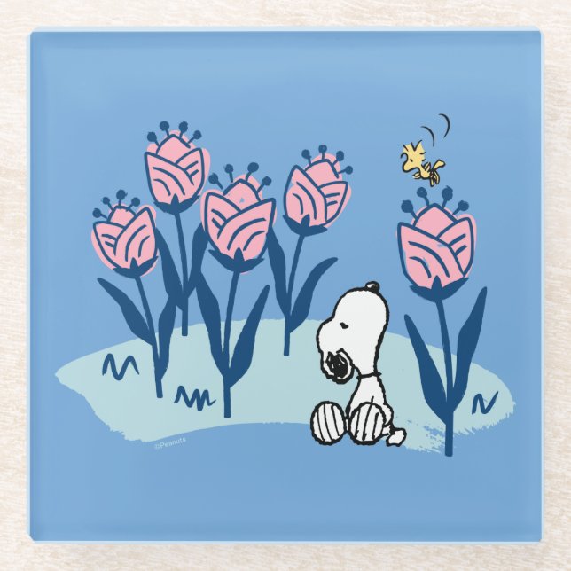 Posavasos De Vidrio Cacahuetes | Jardín de flores Snoopy & Woodstock (Anverso)