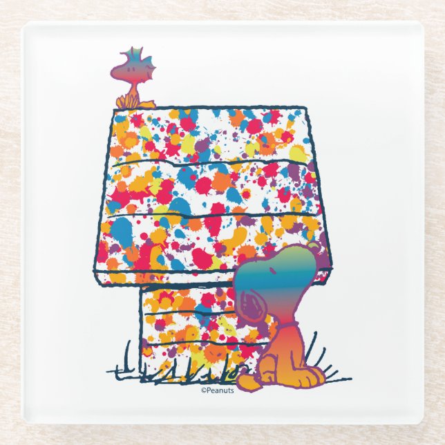 Posavasos De Vidrio Cacahuetes | Pintura arcoiris de Snoopy y Woodstoc (Anverso)
