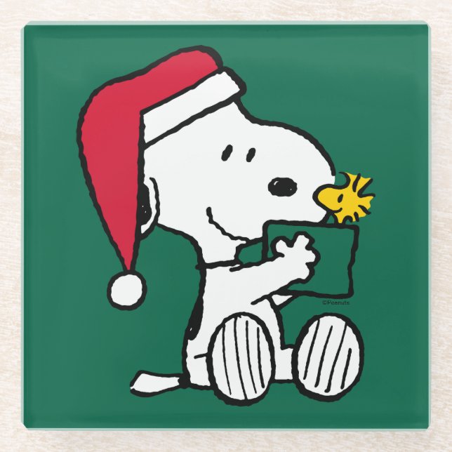 Posavasos De Vidrio Cacahuetes | Regalo Snoopy Santa & Woodstock (Anverso)