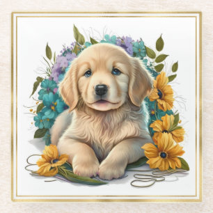 Posavasos De Vidrio Cachorro de Retriever Dorado con Acuarela y Marco