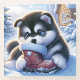 Posavasos De Vidrio Cachorro jugando con un arranque de invierno cubie