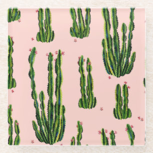 Posavasos De Vidrio Cacti acuarela: Floreciente patrón sin foco