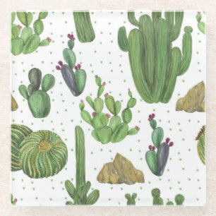 Posavasos De Vidrio Cactus acuarela, patrón natural sin fisuras.