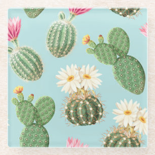 Posavasos De Vidrio Cactus, flores rosas: decoración luminosa