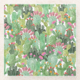 Posavasos De Vidrio Cactus pintado a mano: verde desierto