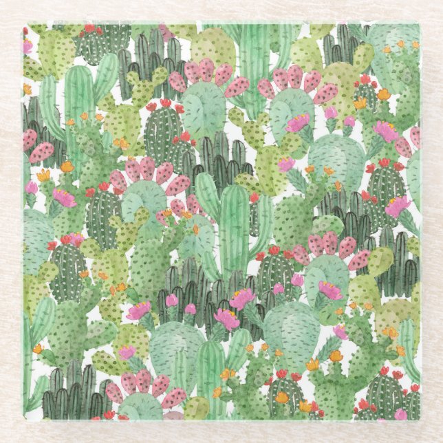 Posavasos De Vidrio Cactus pintado a mano: verde desierto (Anverso)