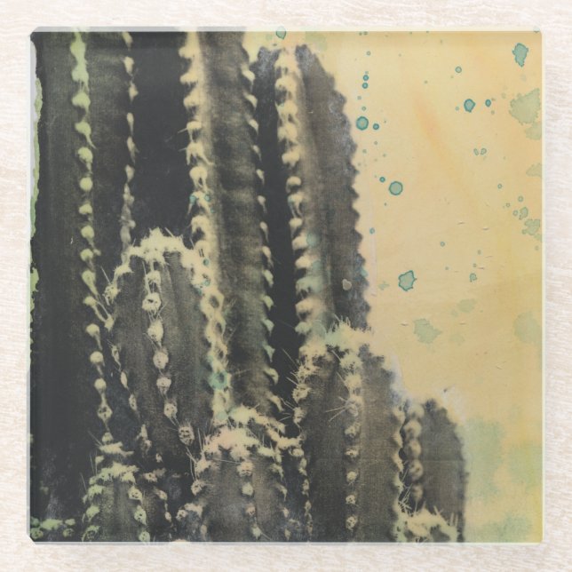 Posavasos De Vidrio Cactus verdes sobre fondo amarillo (Anverso)