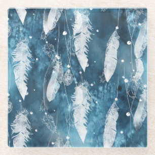 Posavasos De Vidrio Caer plumas blancas, color azul.