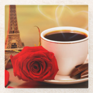 Posavasos De Vidrio Café en París con Rosa Roja